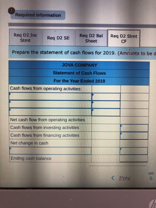 Required information Req D2 Inc Stmt Req D2 SE Reg D2 Bal Sheet Req D2 Strnt CF Prepare the statement of cash flows for 2019.