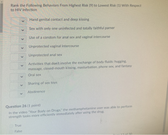 Rank the Following Behaviors From Highest Risk (9) to Lowest Risk (1) With Respect to HIV Infection y Hand genital contact an