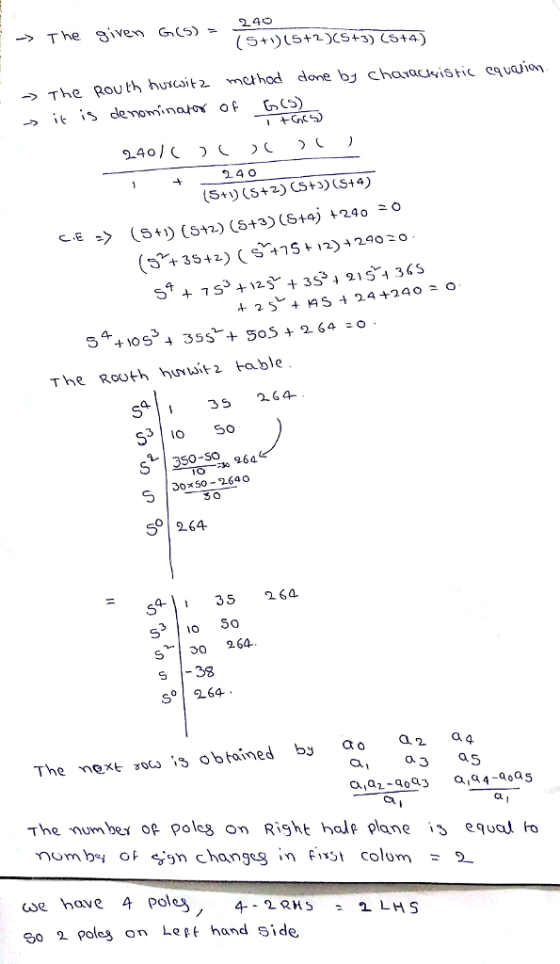 The Routh huncsit2 method done bj chaadistic equarin → it is demoni na/or of G (s) 24 O 4- The Rhhuvwit2 table 35 264 53 O 5o S3so-so 50-264 0 30 5264 35 26a. S0 264. S -38 S° 264 The next na,is obtained by ao a2 qg a3 as The um be op poles on Right hale plane equal o 30 2 poles on Lept hand side
