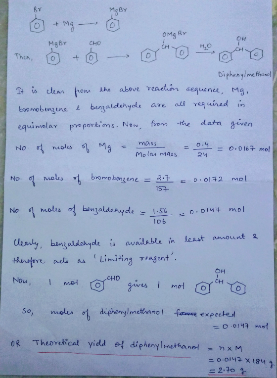 O MO BY OH Diphenyl methanol It is clean from the above reaction sequence, Mg, bromobenzene e benzaldehyde are all required i