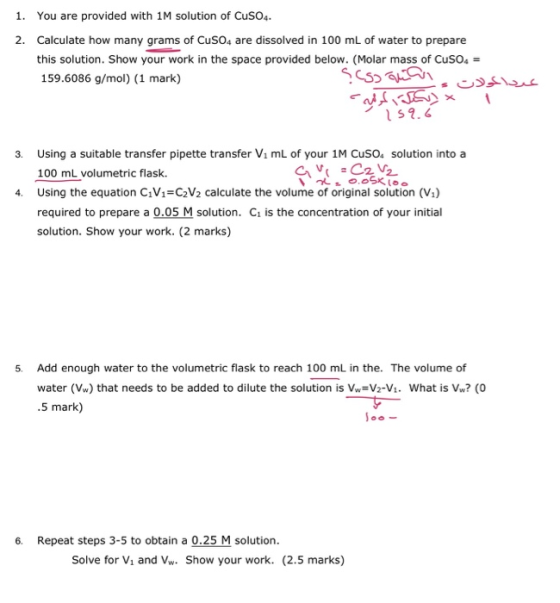 1. You are provided with 1M solution of CuSO4. 2. Calculate how many grams of CuSO4 are dissolved in 100 mL of water to prepa