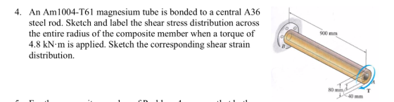 4. An Am1004-T61 magnesium tube is bonded to a central A36 steel rod. Sketch and label the shear stress distribution across 9