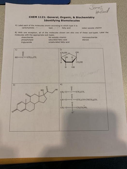 James Howland CHEM 1121: General, Organic, & Biochemistry Identifying Biomolecules A) Label each of the molecules shown accor