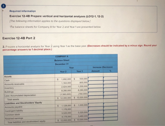 ! Required information Exercise 12-4B Prepare vertical and horizontal analyses (L012-1, 12-2) The following information appli