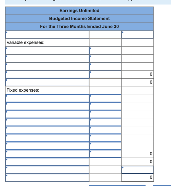 Earrings Unlimited Budgeted Income Statement For the Three Months Ended June 30 Variable expenses: 0 0 Fixed expenses: 0 0