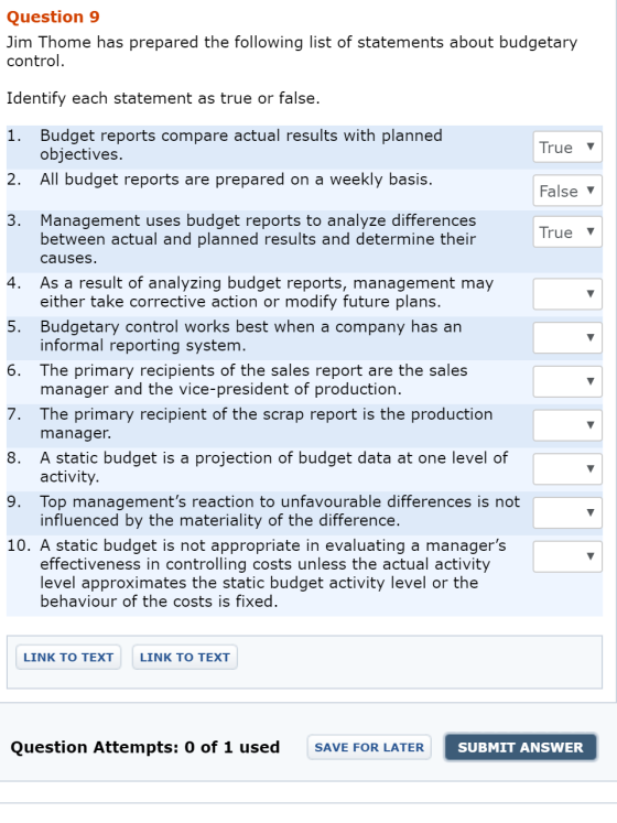 Question 9 Jim Thome has prepared the following list of statements about budgetary control. Identify each statement as true o