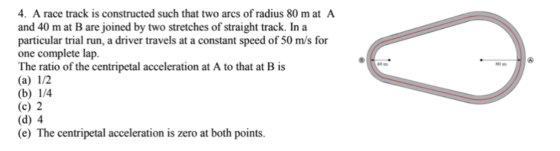 4. A race track is constructed such that two arcs of radius 80 m at A and 40 m at B are joined by two stretches of straight t