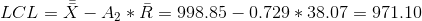 LCL = \bar {\bar X} - A_2*\bar R = 998.85 - 0.729*38.07 = 971.10