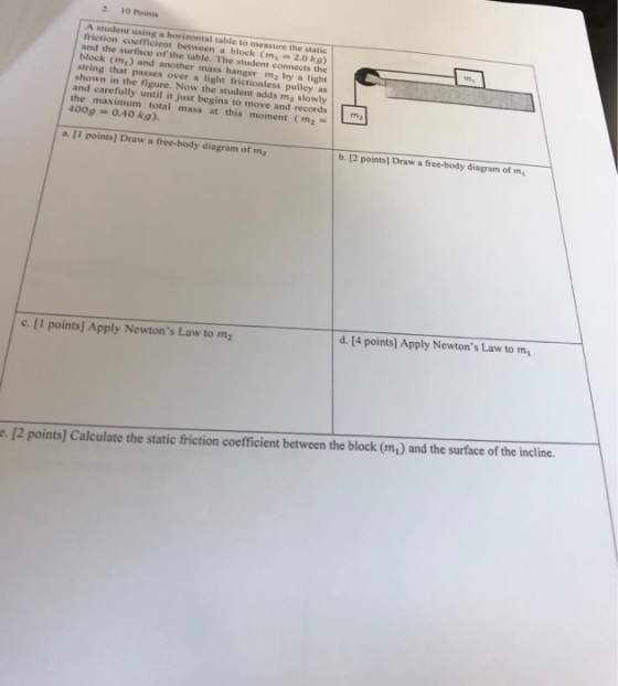 2. 10 Points A student using a horizontal table to measure the static friction coefficient between a block (m -2.0 kg) and th