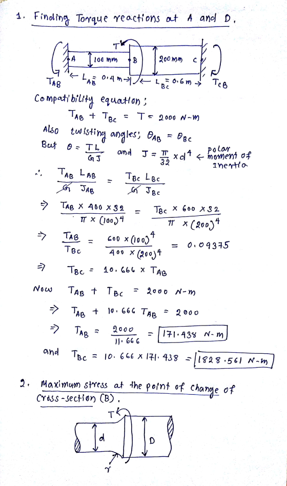 1. Finding Torque reactions at A and D Th Ą 100 mm B 200mm cb d TAB LA 0.4m|k AR TCB = OBC J = Polar L = 0.6 m Bc compatibili