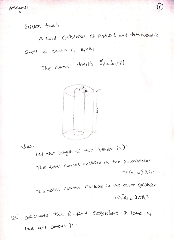 Answell! Given that A solid Cylindrical of Radius R and this metallic Shell of Radius R₂ Q>R, The I = Joltel corent density N