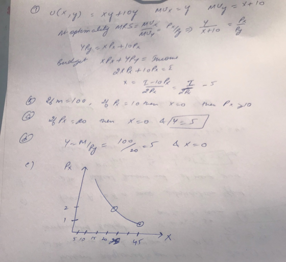 1 Utility Is Given By U x Y Xy 10y With Marginal Utilities MU