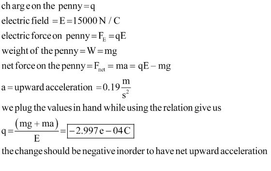 ch arg e on the penny q electric field E 15 000 N / C electric force on penny FE qE weight of the penny-W-mg net force on the pennyFma qE- mg a-upward acceleration -0.197 we plug the values in hand while using the relation give us (mg+ ma)2.997e-04C -2.997 e-04C the change should be negative inorder to have net upward acceleration