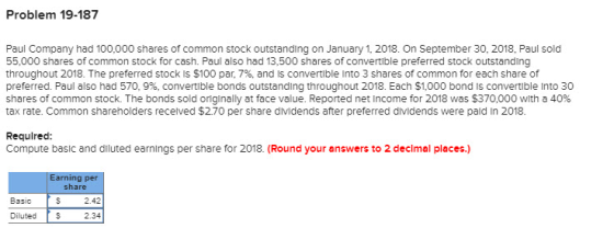 Problem 19-187 Paul Company had 100,000 shares of common stock outstanding on January 1, 2018. On September 30, 2018, Paul so