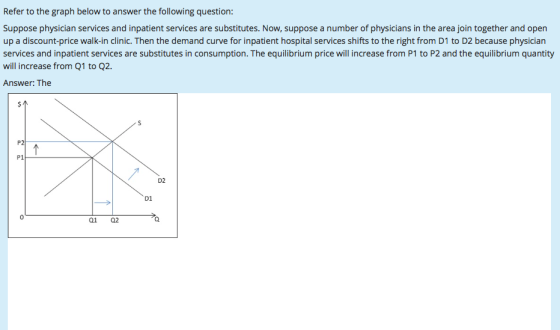 Refer to the graph below to answer the following question: Suppose physician services and inpatient services are substitutes. Now, suppose a number of physicians in the area join together and open up a discount-price walk-in clinic. Then the demand curve for inpatient hospital services shifts to the right from D1 to D2 because physician services and inpatient services are substitutes in consumption. The equilibrium price will increase from P1 to P2 and the equilibrium quantity will increase from Q1 to Q2. Answer: The P1 D2 D1 0 01 02