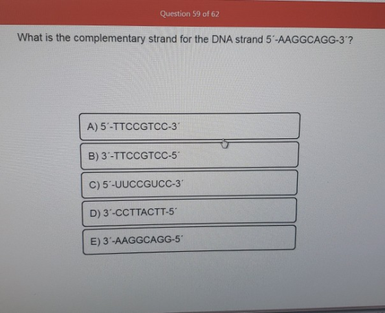 Question 59 of 62 What is the complementary strand for the DNA strand 5-AAGGCAGG-3? A) 5-TTCCGTCC-3 B) 3-TTCCGTCC-5 C) 5-UUCC