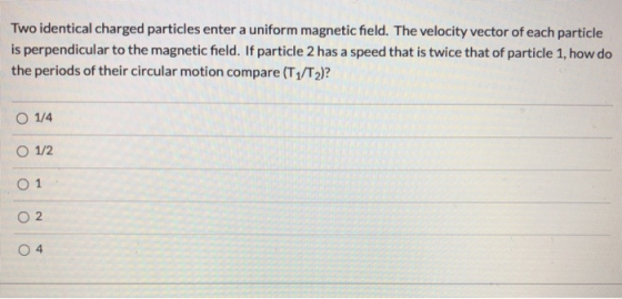 Two identical charged particles enter a uniform magnetic field. The velocity vector of each particle is perpendicular to the