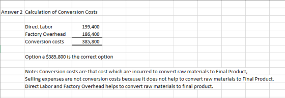 Answer 2 Calculation of Conversion Costs Direct Labor Factory Overhead Conversion costs 199,400 186,400 385,800 Option a $385