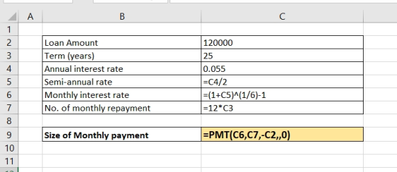A В C 1 Loan Amount Term (years) Annual interest rate Semi-annual rate Monthly interest rate No. of monthly repayment 120000