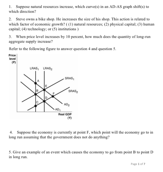 1. Suppose natural resources increase, which curve(s) in an AD-AS graph shift(s) to which direction? 2. Steve owns a bike sho