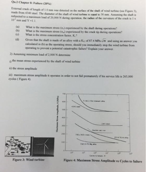Qu.2 Chapter 8: Failure (2096) crack of length of 1.0 mm was detocted on the surface of the shaft of wind turbine (see Figure 3), made from 4340 steel. The diameter of the shaft of wind turbinc is cqual to 30 mm. Assuming subjected to a maximum load of 20,000 N during operation. 10.2 mm and Y ?! the radius of the curvature of the crack is 1x What is the maximum stress(o.) experienced by the shaft during operations? (a) (b) (c) What is the maximum stress (o) experienced by the crack tip during operations? What is the stress concentration factor, K,? (d) Given that the shaft is made of an alloy with a Kic of 87 4 MPav/m and using an answer you calculated in (b) as the operating stress, should you immediately stop the wind turbine from operating to prevent a potential catastrophic failure? Explain your answer. 2) Assuming minimum load of 2,000 N determine i) the mean stress experienced by the shaft of wind turbine ii) the stress amplitude ii) maximum stress amplitude it operates in order to not fail prematurely if his service life is 265,000 cycles ( Figure 4). 700 4340 se 400 G5 steel 300 200 2014-T6 AU aloy 100 0 10 10 10 10 Figure 3: Wind turbine Figure 4: Maximum Stress Amplitude vs Cycles to failure