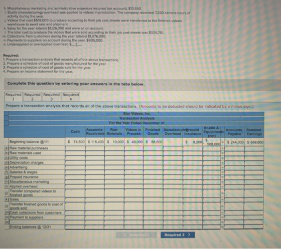 h. Miscellaneous marketing and administrative expenses incurred on account. $13,550. L Studio (manufacturing) overhead was ap