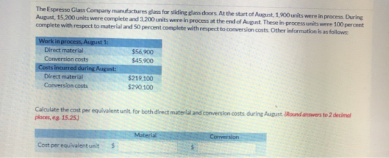 The Espresso Glass Company manufactures glass for sliding glass doors. At the start of August, 1,900 units were in process. D