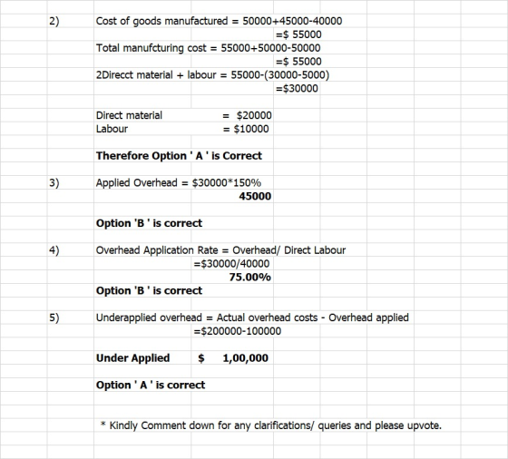 2) Cost of goods manufactured = 50000+45000-40000 =$ 55000 Total manufcturing cost = 55000+50000-50000 = $ 55000 2Direcct mat
