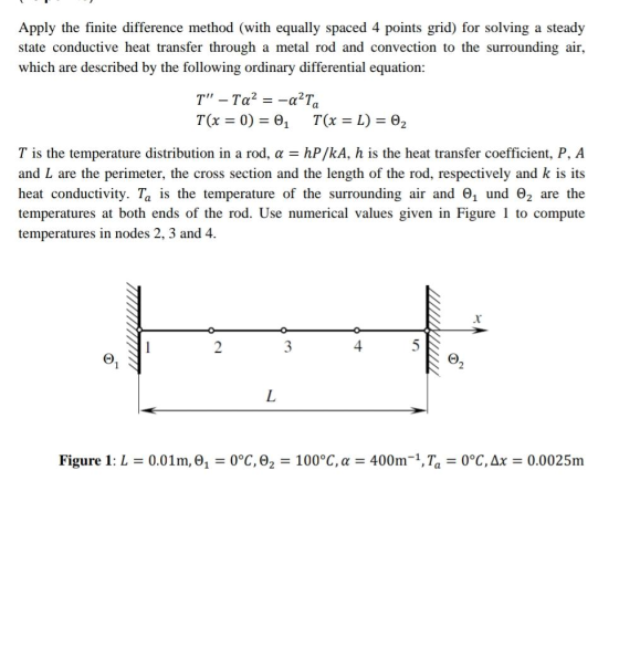 Apply the finite difference method (with equally spaced 4 points grid) for solving a steady state conductive heat transfer th