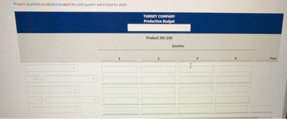 Prepare quarterly production budgets for each quarter and in total for 2020. TURNEY COMPANY Production Budget Product HD-240