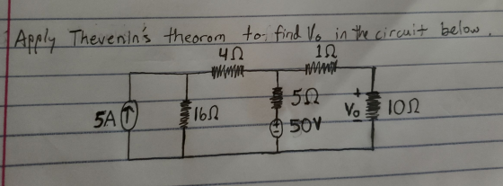Apply Thevenins theorom to find o in the circuit below. VION 5AT) 161 50V