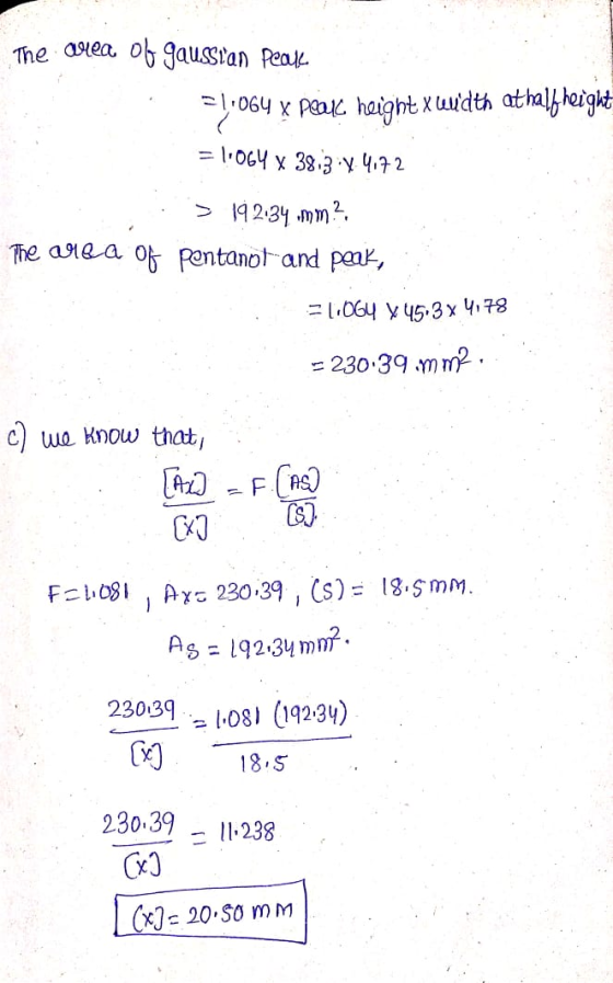 The area of gaussian Peak 51,064 x peale height xuidth at half height = 1.064 x 38.3.x 4.72 . > 192.34.mm? The area of pentan