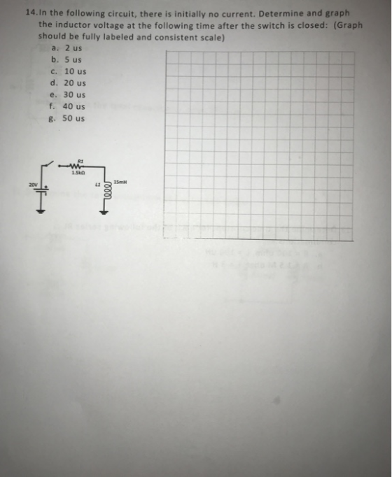 14.In the following circuit, there is initially no current. Determine and graph the inductor voItage at the following time af