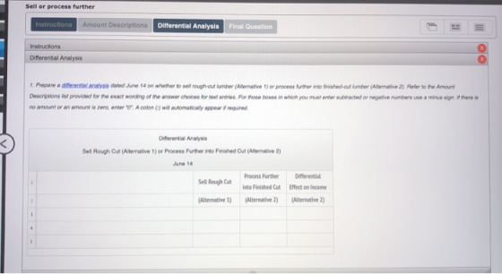 Sell or process further Instructions Amount Descriptions Differential Analysis Final Question Instructions Differential Analy