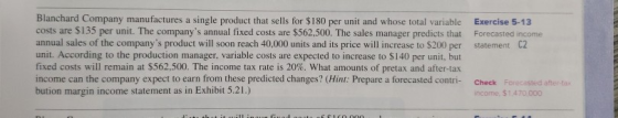 Exercise 5-13 Forecasted income statement C2 Blanchard Company manufactures a single product that sells for $180 per unit and