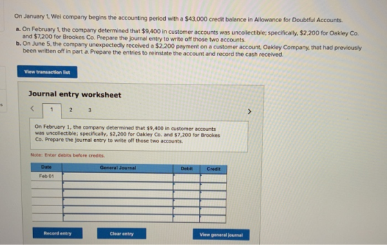 On January 1, Wei company begins the accounting period with a $43,000 credit balance in Allowance for Doubtful Accounts. a. O