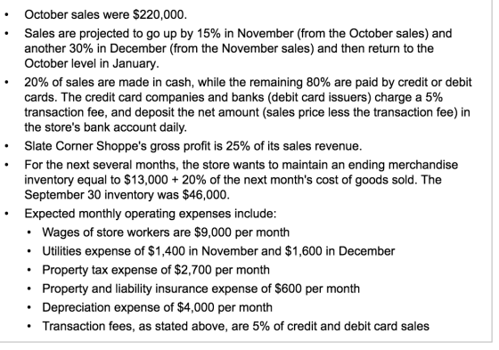 • October sales were $220,000. Sales are projected to go up by 15% in November (from the October sales) and another 30% in De