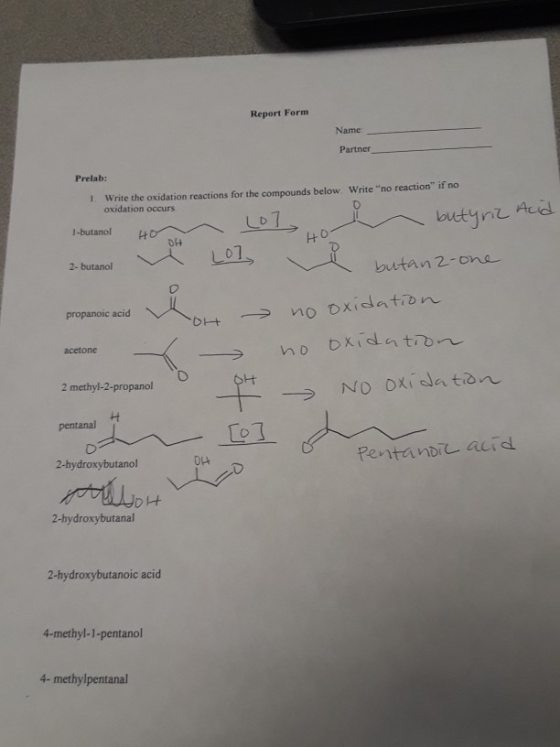 Report Form Name Partner Prelab: 1 Write the oxidation reactions for the compounds below. Write no reaction if no oxidation