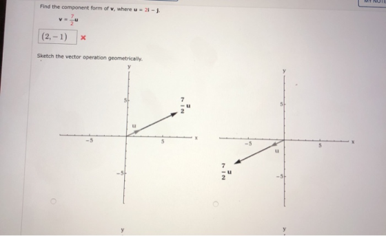 Find the component form of v, where u = 21 - 3 |(2, - 1) Sketch the vector operation geometrically, y 5 NIN 5 - 5 5 NI