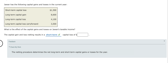 Jawan has the following capital gains and losses in the current year: Short-term capital loss $1,300 Long-term capital gain 8