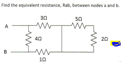 Find the equivalent resistance, Rab, between nodes a and b 3Ω 5Ω E 40 2Ω 10