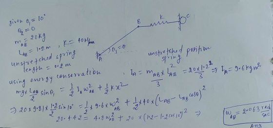 given & = 10 in po MA 20kg LAB = 102m , k = 100 Ho, so & AP unstretched spring length = 0.am unstretched position spring! us