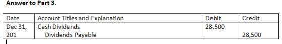 Answer to Part 3. Credit Date Dec 31, Account Titles and Explanation Cash Dividends Dividends Payable Debit 28,500 201 28,500