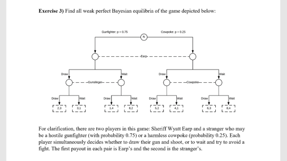 Exercise 3) Find all weak perfect Bayesian equilibria of the game depicted below Gunfighter: p = 0.75 Cowpoke: p0.25 Draw Draw _ _ -Gunslinger-_ _ Draw Draw Draw ait Draw 2,3 3,1 1.4 8,2 5,2 6,3 8,4 For clarification, there are two players in this game: Sheriff Wyatt Earp and a stranger who may be a hostile gunfighter (with probability 0.75) or a harmless cowpoke (probability 0.25). Each player simultaneously decides whether to draw their gun and shoot, or to wait and try to avoid a fight. The first payout in each pair is Earps and the second is the strangers