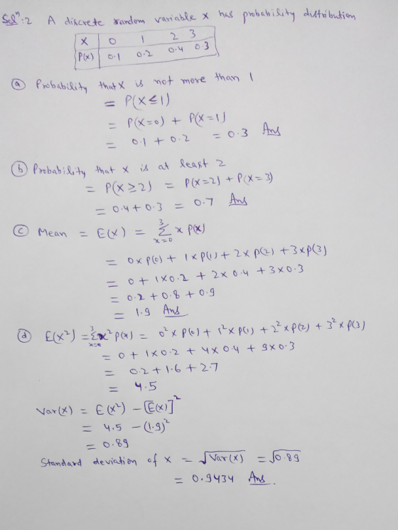 Sch:2 has probability distribution A discrete random variable x x 10 1 2 3 0.2 0.4 0.31 SP(x)/ol Probability that X is not mo
