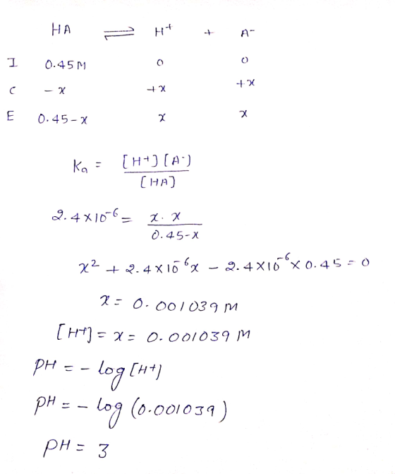 HA > H+ + A 0.45M c - x + E 0.45-x Ka = [H+] (A) [HA] 2.4x10-6- X X 0.45-X x2 +2.4x10bx - 2.4x16x 0.45=0 x=0.001039m [HT] =