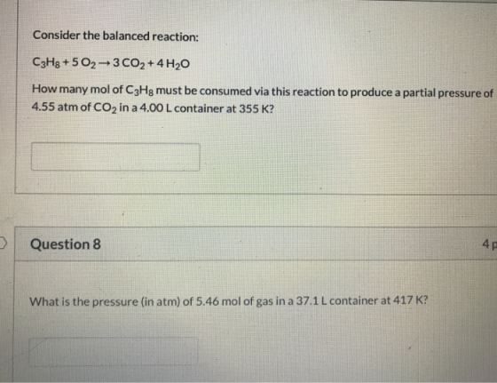 Consider the balanced reaction: C3H8 +502—3CO2+ 4H20 How many mol of C3Hg must be consumed via this reaction to produce a par