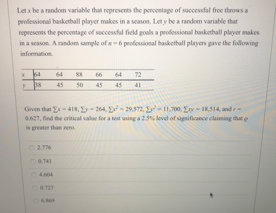 Let x be a random variable that represents the percentage of successful free throws a professional basketball player makes in