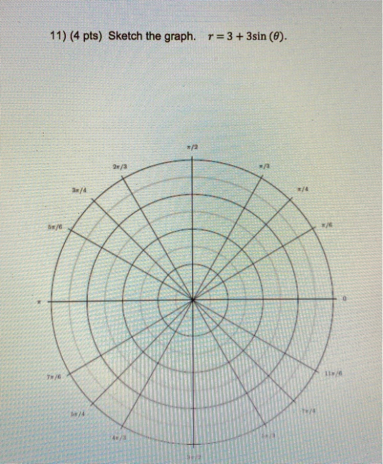 11) (4 pts) Sketch the graph. r= 3 + 3sin (O). */2 2/a 3/4 D/6 T/6 1/4 4/