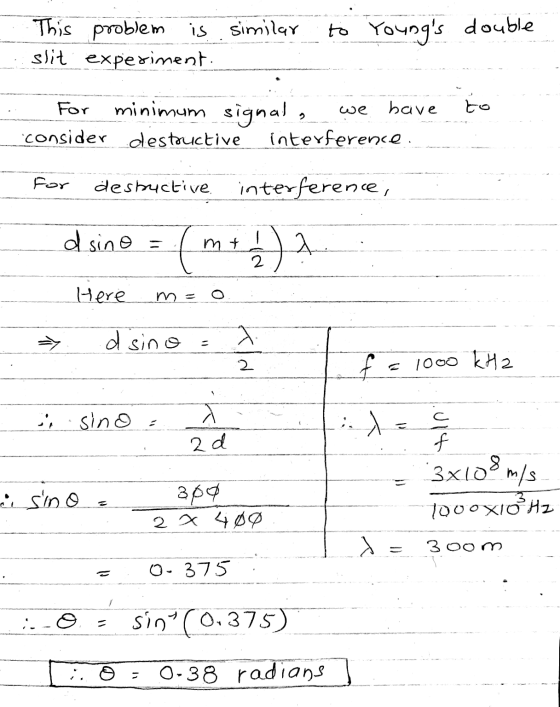 This problem is similar slit experiment. to Youngs double we For minimum signal, consider destructive interference have to f